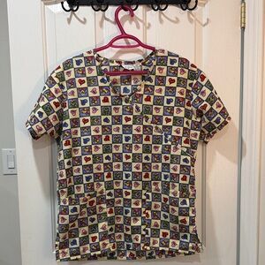 Colorful Heart Pattern Scrub Top